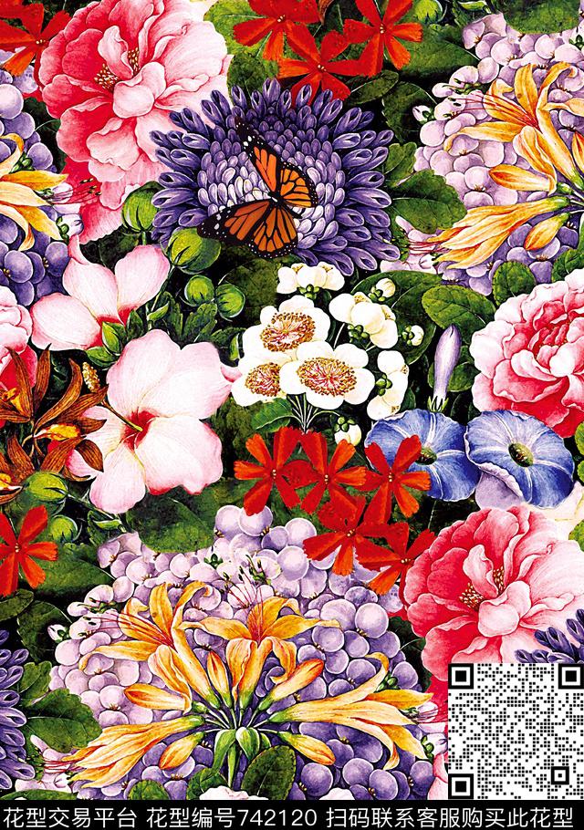 玉兰花大花牡丹数码印花华亿平台下载（图片编号: 742120） - 瓦栏（Walan）