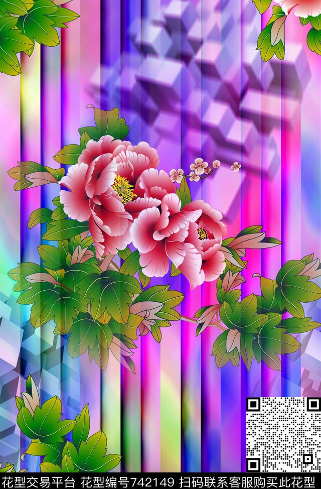 大花抽象几何花卉数码印花华亿平台下载（图片编号: 742149） - 瓦栏（Walan）