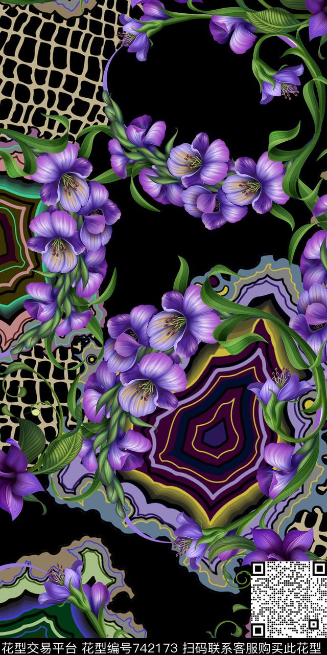 几何花卉旋涡数码印花华亿平台下载（图片编号: 742173） - 瓦栏（Walan）