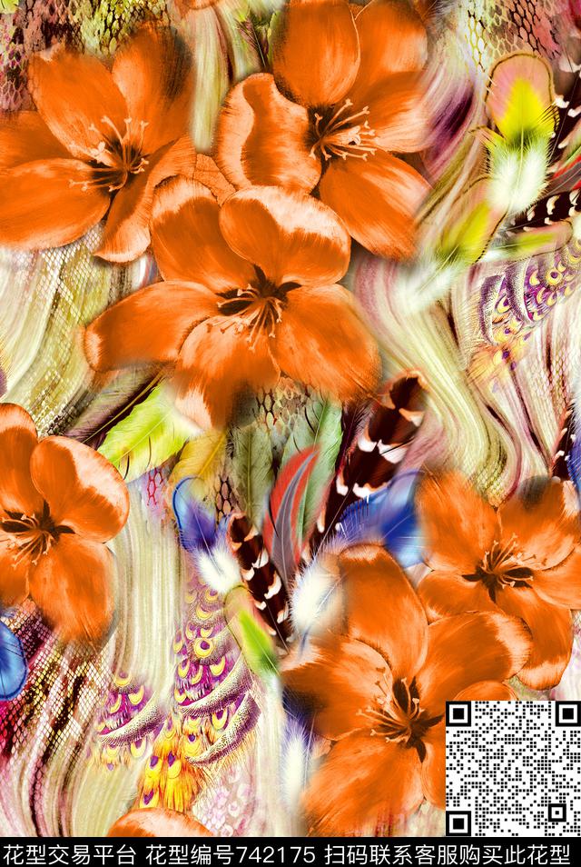 抽象线条花卉羽毛数码印花华亿平台下载（图片编号: 742175） - 瓦栏（Walan）