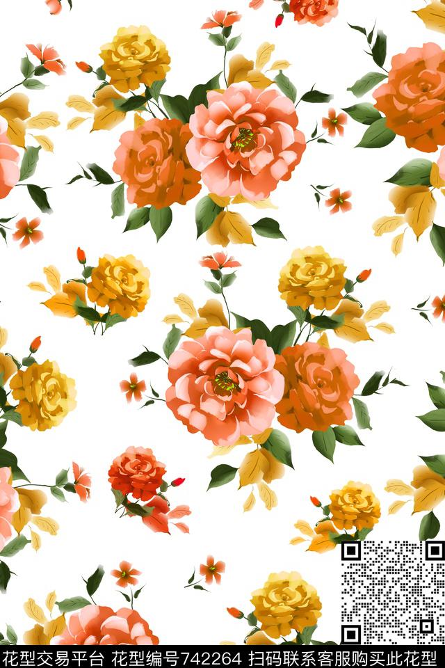 大花花朵花卉数码印花华亿平台下载（图片编号: 742264） - 瓦栏（Walan）