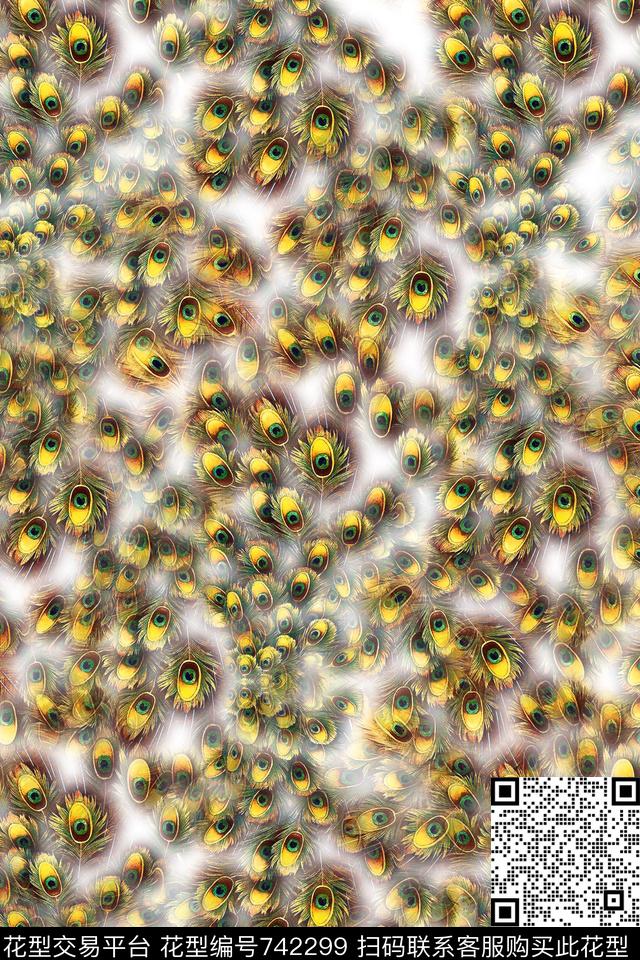 孔雀眼羽毛眼点斑数码印花华亿平台下载（图片编号: 742299） - 瓦栏（Walan）