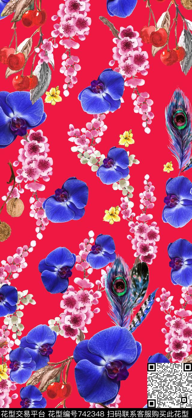 手绘蝴蝶蓝枯叶数码印花华亿平台下载（图片编号: 742348） - 瓦栏（Walan）