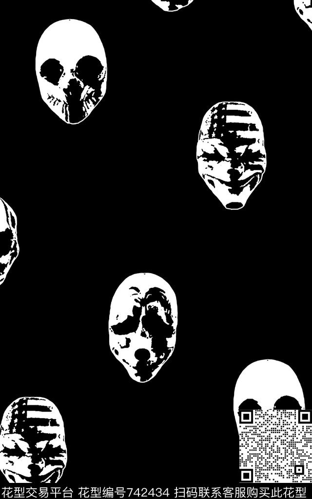 抽象手绘白面人骷髅头数码印花时尚潮流男装夹克外套卫衣T恤印花欧美复古大牌印花数码印花华亿平台下载（图片编号: 742434） - 瓦栏（Walan）