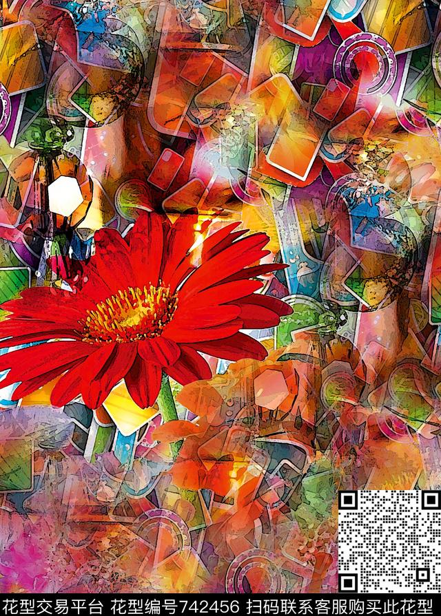 乱花不规则几何花朵数码印花华亿平台下载（图片编号: 742456） - 瓦栏（Walan）