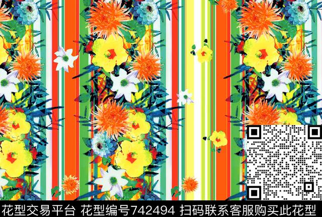 花朵花卉竖条数码印花华亿平台下载（图片编号: 742494） - 瓦栏（Walan）