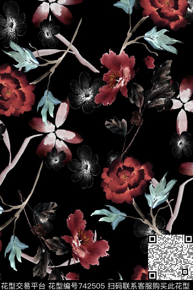 手绘简洁花卉数码印花华亿平台下载（图片编号: 742505） - 瓦栏（Walan）