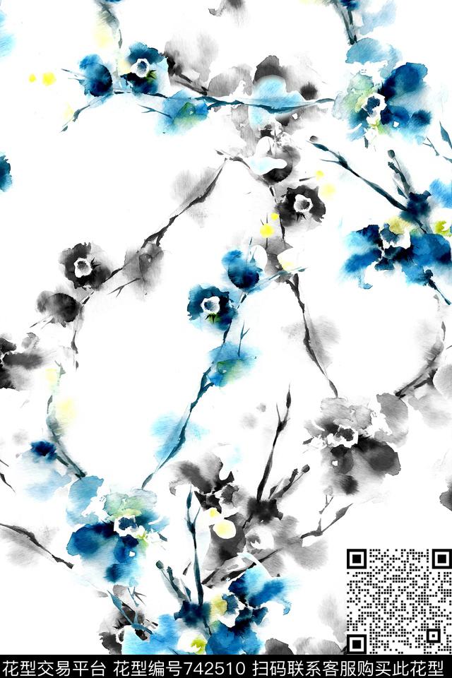 水墨花卉梅花数码印花华亿平台下载（图片编号: 742510） - 瓦栏（Walan）