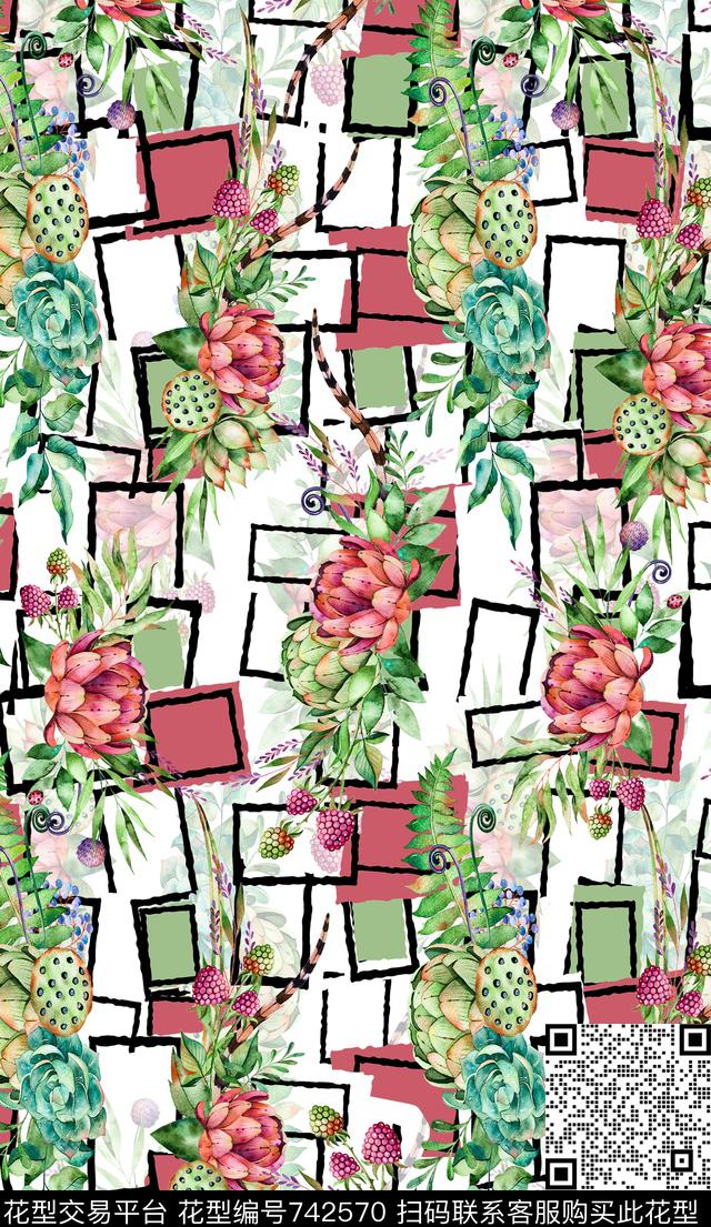 花卉植物时尚水彩插画女装VIP特区沙发床品家居数码印花华亿平台下载（图片编号: 742570） - 瓦栏（Walan）