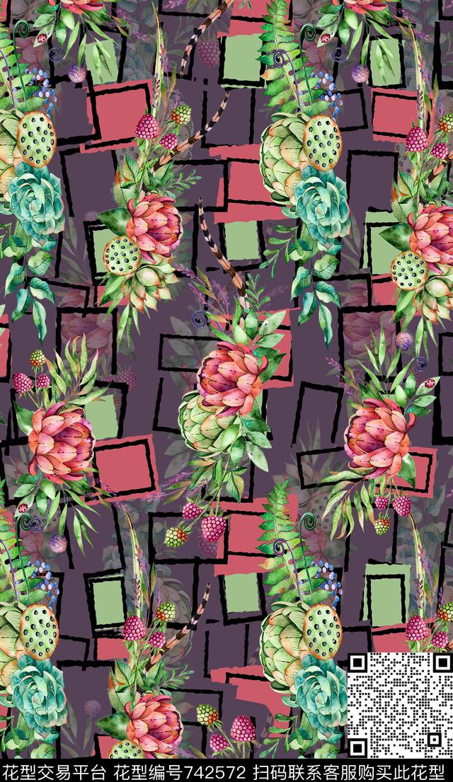 花卉植物时尚水彩插画女装VIP特区沙发床品家居数码印花华亿平台下载（图片编号: 742572） - 瓦栏（Walan）