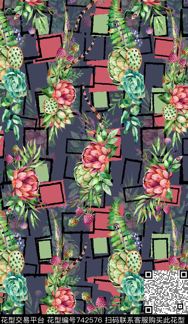 花卉植物时尚水彩插画女装VIP特区沙发床品家居数码印花华亿平台下载（图片编号: 742576） - 瓦栏（Walan）