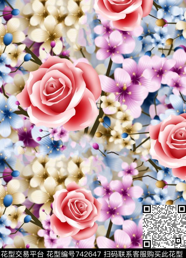 桃花源时尚女装连衣裙手绘时尚花鸟VIP特区数码印花华亿平台下载（图片编号: 742647） - 瓦栏（Walan）