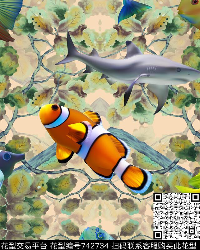中国风国画海洋生物鱼类女装VIP特区手绘时尚花鸟数码印花华亿平台下载（图片编号: 742734） - 瓦栏（Walan）