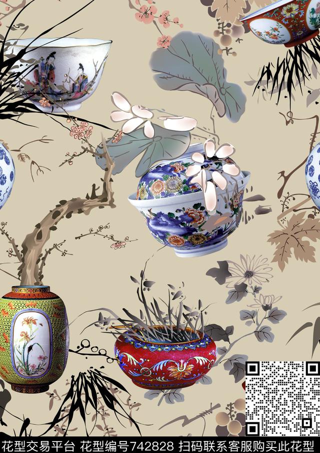 中国风青花瓷国画花卉组合时尚女装VIP特区手绘时尚花鸟数码印花华亿平台下载（图片编号: 742828） - 瓦栏（Walan）