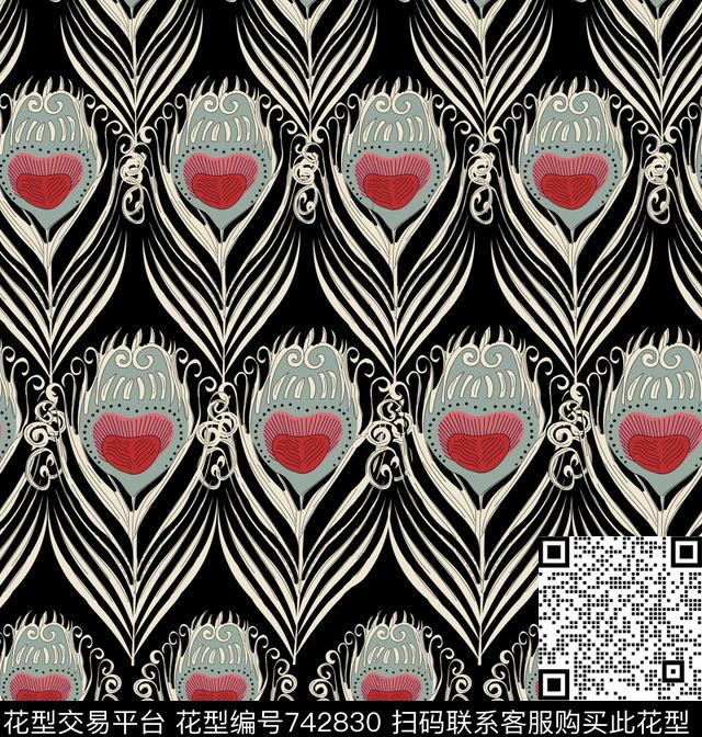 复古几何孔雀传统印花华亿平台下载（图片编号: 742830） - 瓦栏（Walan）