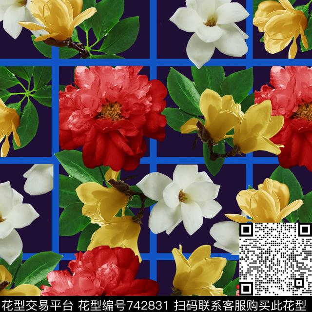 蓝格子花卉绿叶数码印花华亿平台下载（图片编号: 742831） - 瓦栏（Walan）