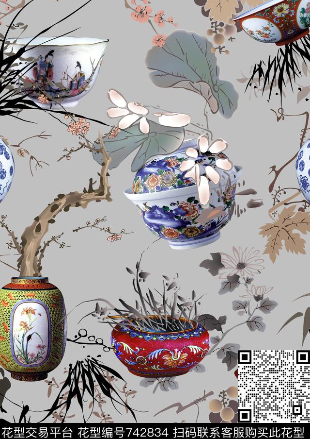 中国风青花瓷国画花卉组合时尚女装VIP特区手绘时尚花鸟数码印花华亿平台下载（图片编号: 742834） - 瓦栏（Walan）