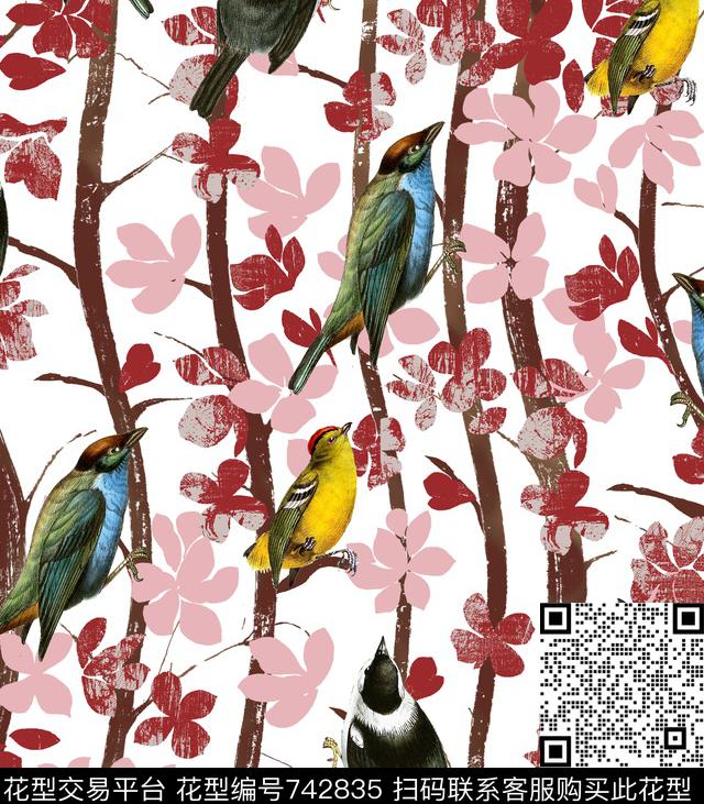 手绘树木鸟儿数码印花华亿平台下载（图片编号: 742835） - 瓦栏（Walan）