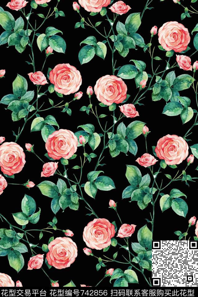 手绘玫瑰花乱花花卉水彩数码印花华亿平台下载（图片编号: 742856） - 瓦栏（Walan）
