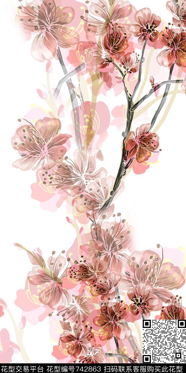 梅花花卉抽象传统印花华亿平台下载（图片编号: 742863） - 瓦栏（Walan）