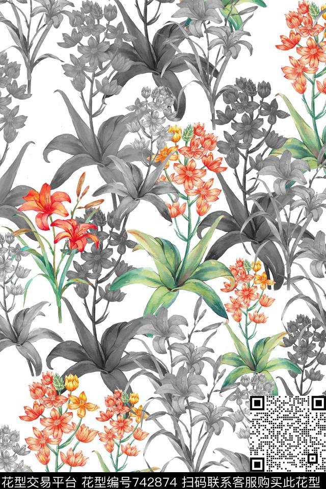 复古花卉黑白花手绘乱花数码印花华亿平台下载（图片编号: 742874） - 瓦栏（Walan）