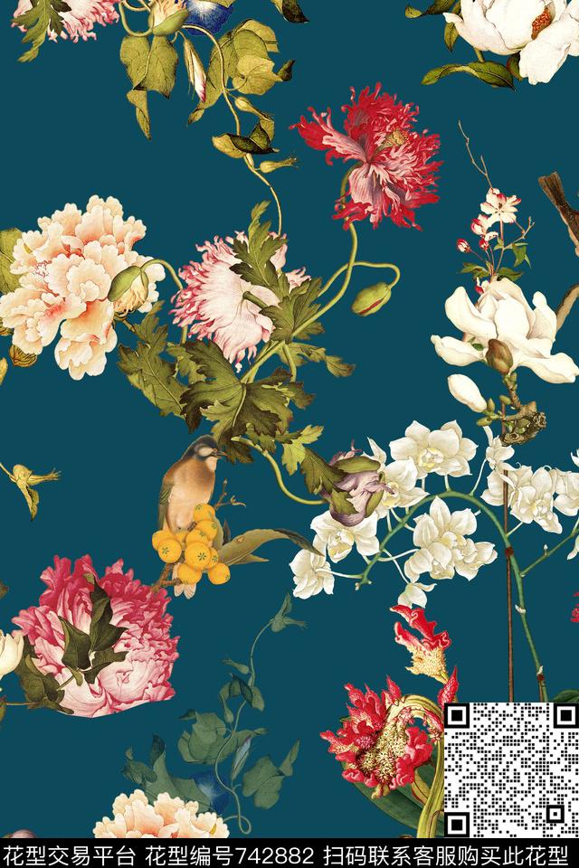 民族元素中国风工笔花鸟数码印花华亿平台下载（图片编号: 742882） - 瓦栏（Walan）