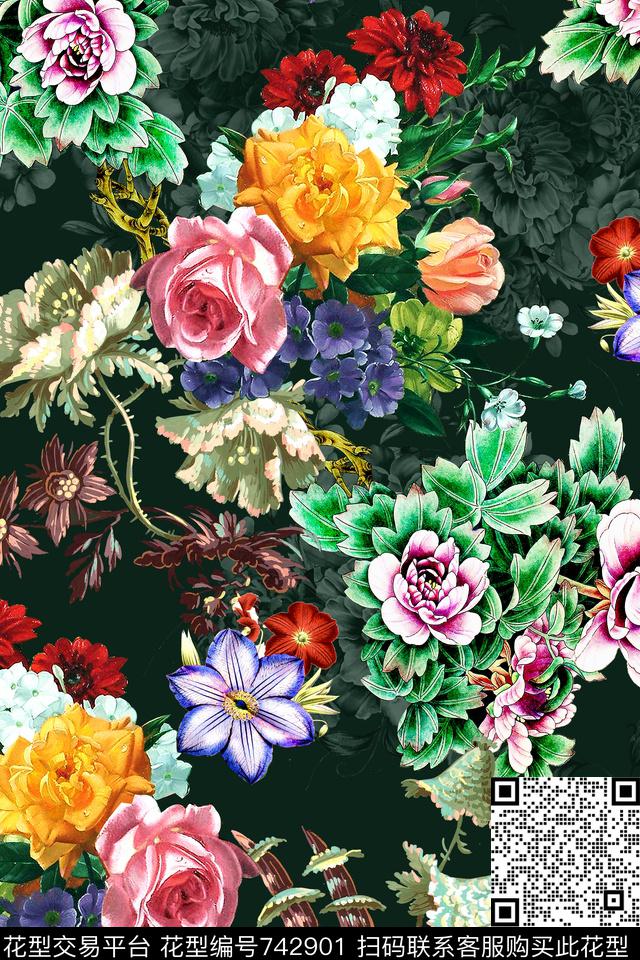 时尚手绘花卉数码印花华亿平台下载（图片编号: 742901） - 瓦栏（Walan）