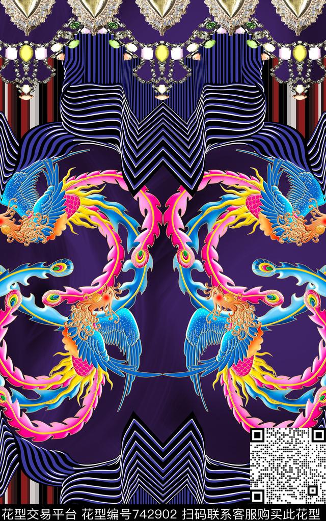 民族风条纹凤凰数码印花华亿平台下载（图片编号: 742902） - 瓦栏（Walan）