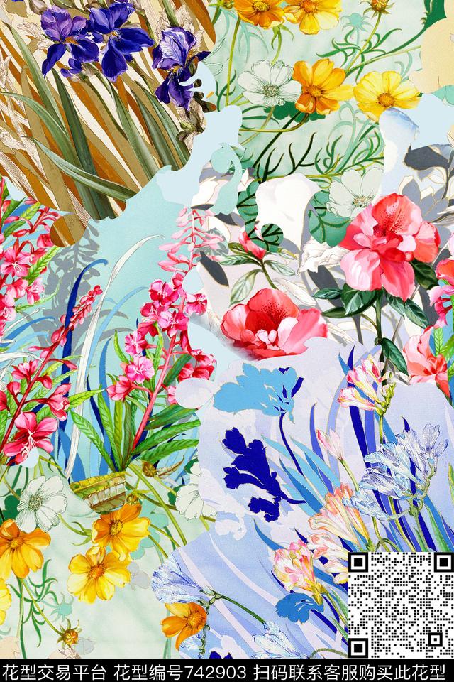 时尚手绘拼接数码印花华亿平台下载（图片编号: 742903） - 瓦栏（Walan）