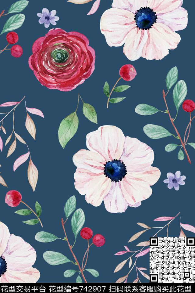 时尚手绘花卉数码印花华亿平台下载（图片编号: 742907） - 瓦栏（Walan）