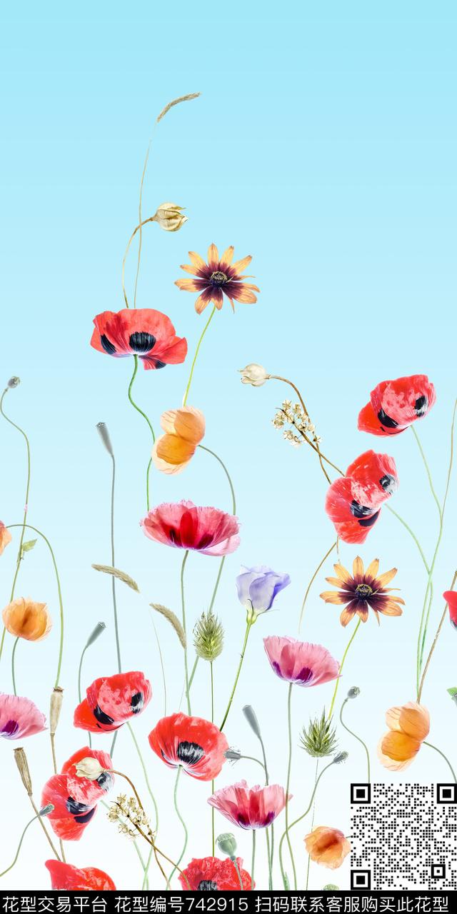 花卉定位罂粟花数码印花华亿平台下载（图片编号: 742915） - 瓦栏（Walan）