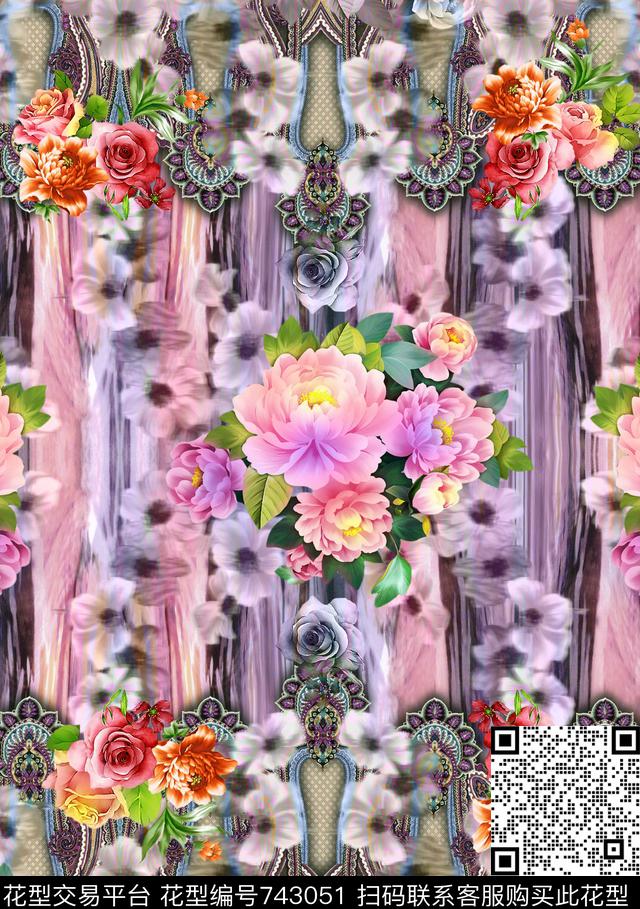 抽象花卉时尚大牌女装VIP特区手绘时尚花鸟数码印花华亿平台下载（图片编号: 743051） - 瓦栏（Walan）