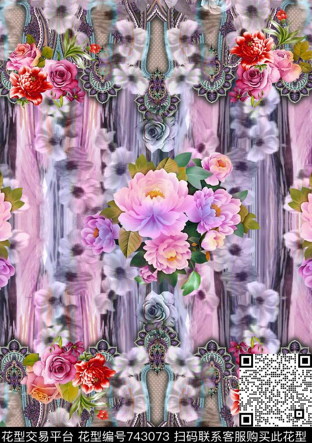 抽象花卉时尚大牌女装VIP特区手绘时尚花鸟数码印花华亿平台下载（图片编号: 743073） - 瓦栏（Walan）