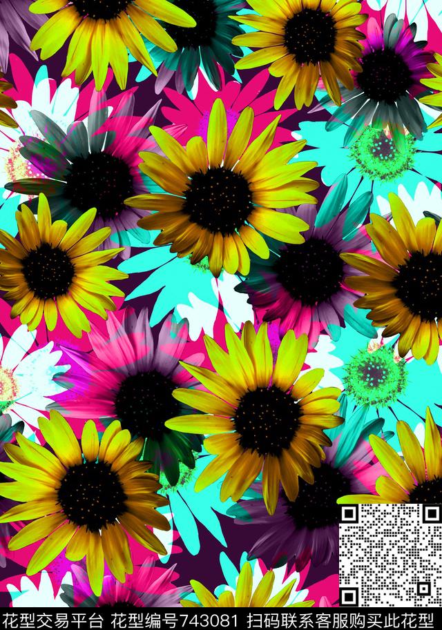 写意花卉花卉向日葵数码印花华亿平台下载（图片编号: 743081） - 瓦栏（Walan）