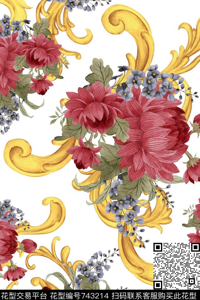 复古手绘花纹数码印花华亿平台下载（图片编号: 743214） - 瓦栏（Walan）