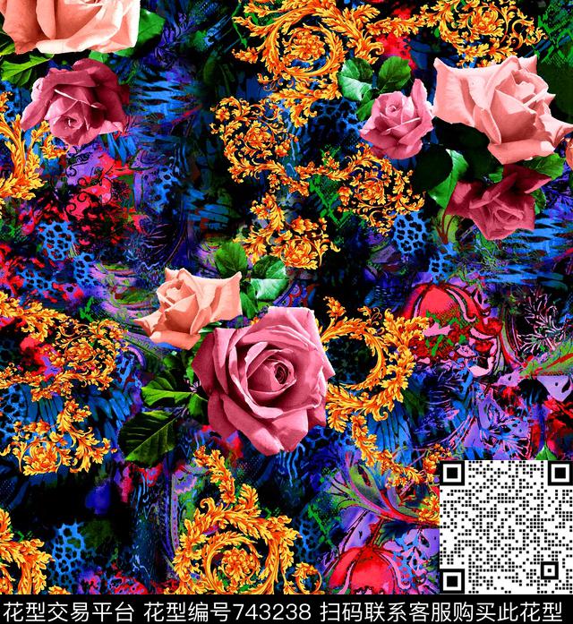 火腿花牡丹花卉数码印花华亿平台下载（图片编号: 743238） - 瓦栏（Walan）