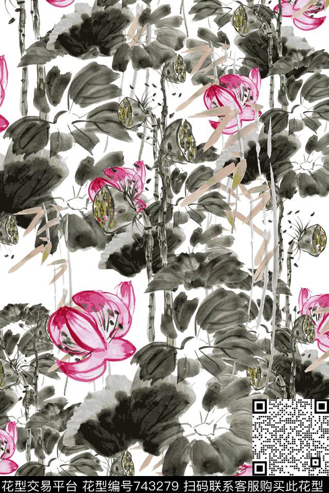 竹叶莲花荷花数码印花华亿平台下载（图片编号: 743279） - 瓦栏（Walan）