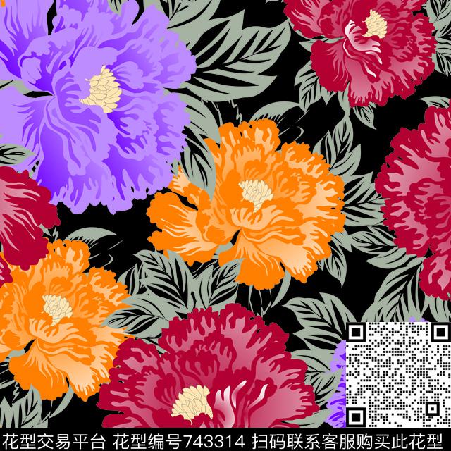 牡丹花卉传统印花华亿平台下载（图片编号: 743314） - 瓦栏（Walan）