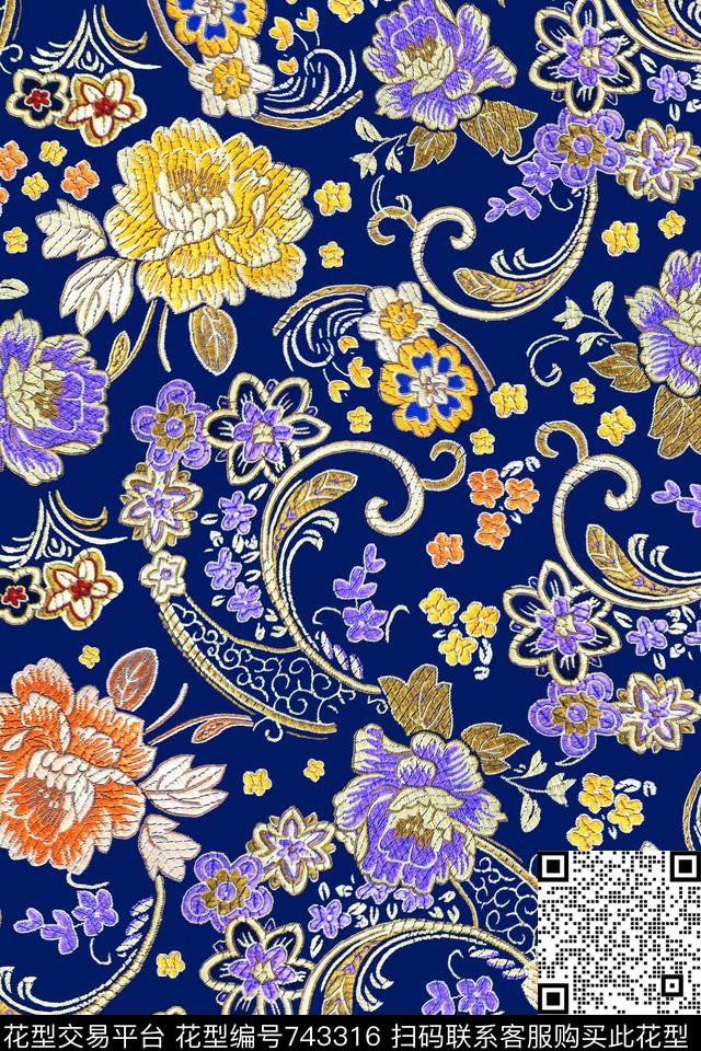 提花民族风花卉数码印花华亿平台下载（图片编号: 743316） - 瓦栏（Walan）