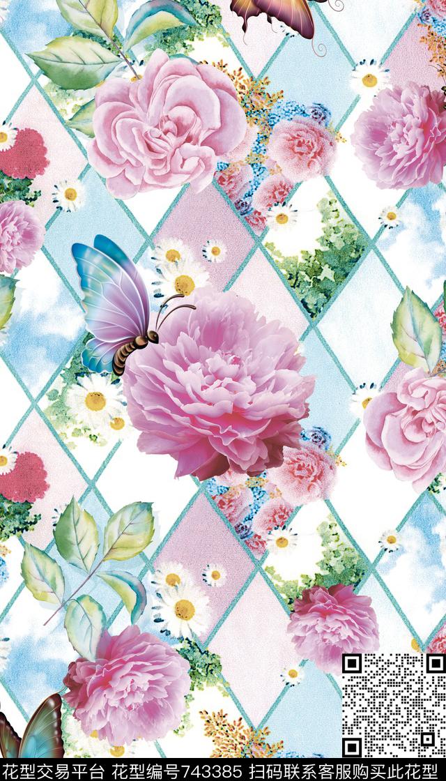 潮流时尚花卉系列格子小清新蝴蝶花卉时尚女装VIP特区数码印花华亿平台下载（图片编号: 743385） - 瓦栏（Walan）