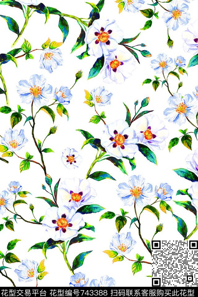 手绘花卉蔷薇花数码印花华亿平台下载（图片编号: 743388） - 瓦栏（Walan）