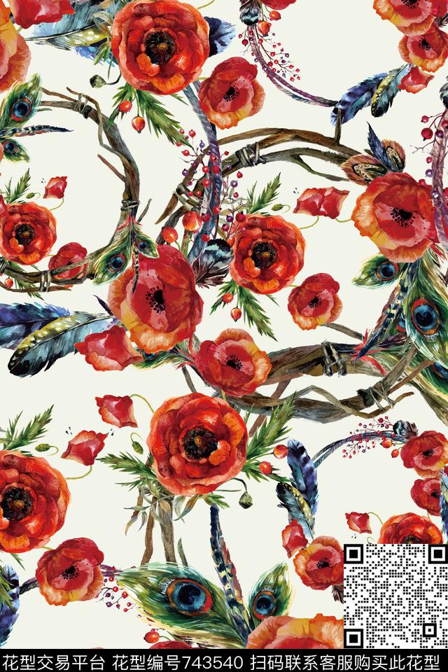 手绘花卉水彩羽毛花鸟数码印花华亿平台下载（图片编号: 743540） - 瓦栏（Walan）
