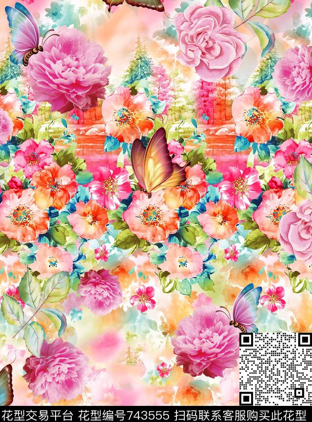 手绘中国风繁花似锦时尚华亿平台沙发床品家居手绘时尚花鸟数码印花华亿平台下载（图片编号: 743555） - 瓦栏（Walan）
