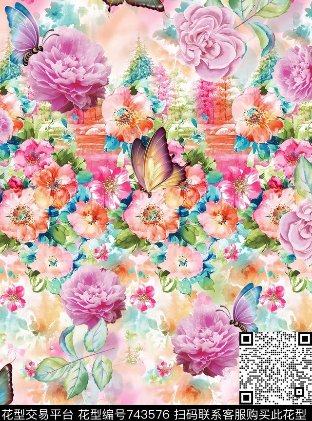 手绘中国风繁花似锦时尚华亿平台沙发床品家居手绘时尚花鸟数码印花华亿平台下载（图片编号: 743576） - 瓦栏（Walan）