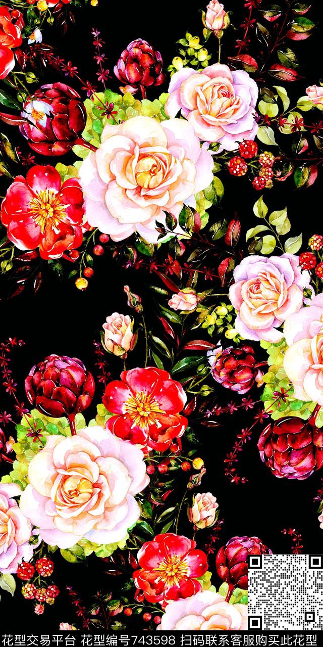 大花花朵花卉数码印花华亿平台下载（图片编号: 743598） - 瓦栏（Walan）