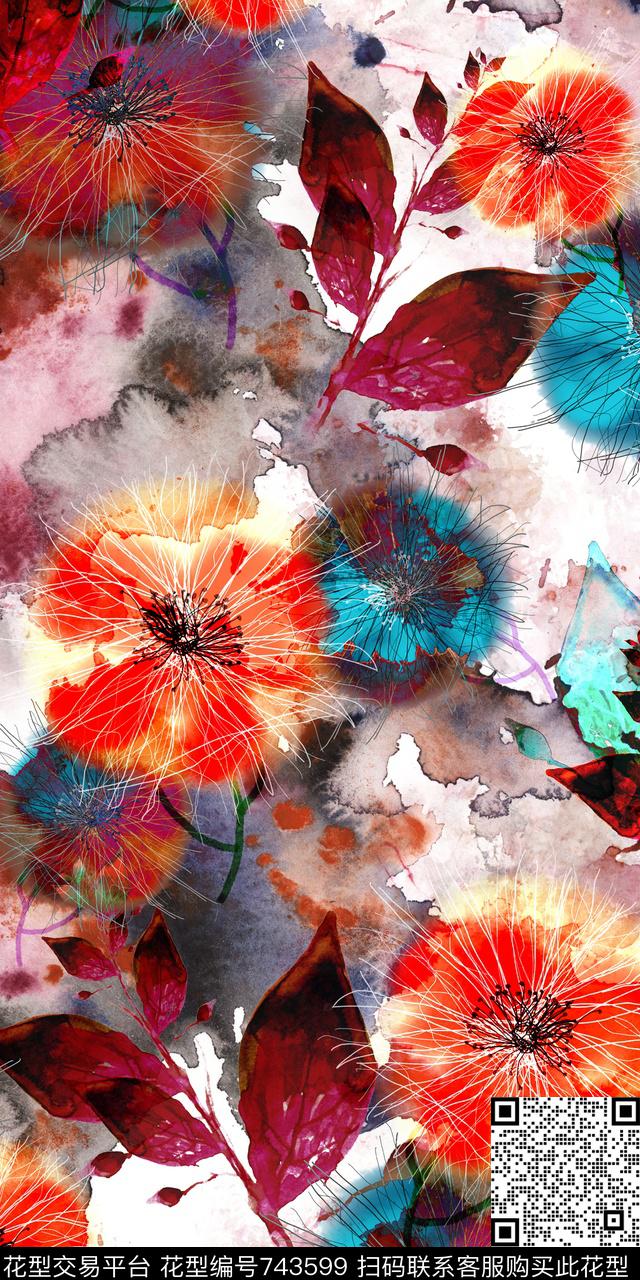 大花花朵花卉数码印花华亿平台下载（图片编号: 743599） - 瓦栏（Walan）