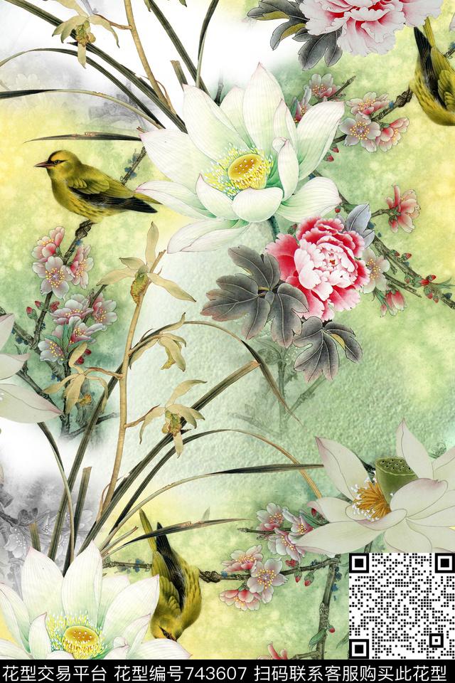 工笔花鸟中国风荷花数码印花华亿平台下载（图片编号: 743607） - 瓦栏（Walan）