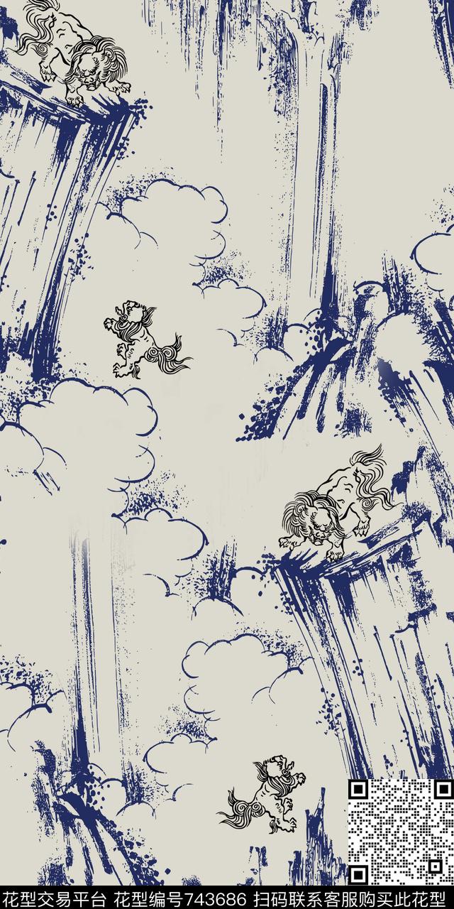 山脉抽象简笔画传统印花华亿平台下载（图片编号: 743686） - 瓦栏（Walan）