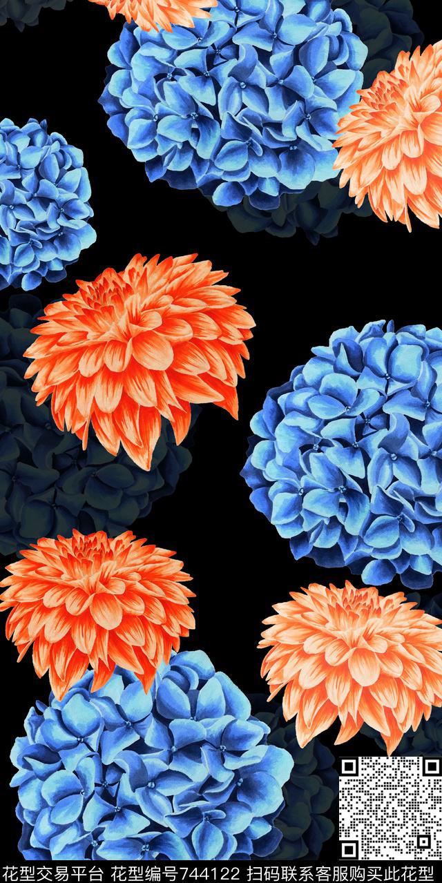 雏菊绣球花大花数码印花华亿平台下载（图片编号: 744122） - 瓦栏（Walan）