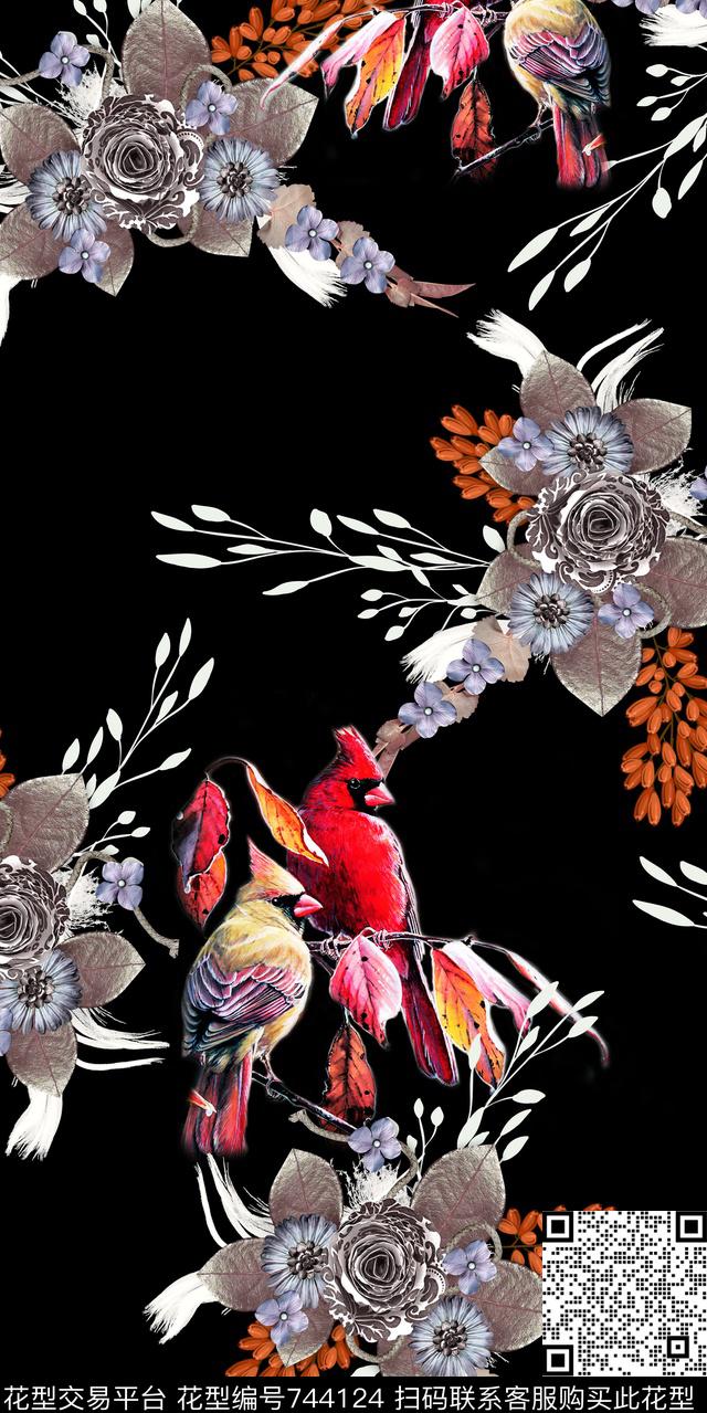 大花花鸟花朵数码印花华亿平台下载（图片编号: 744124） - 瓦栏（Walan）